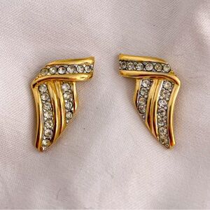 Trifari Signed Gold Tone Vintage Post Earrings with Round Cut Stones.